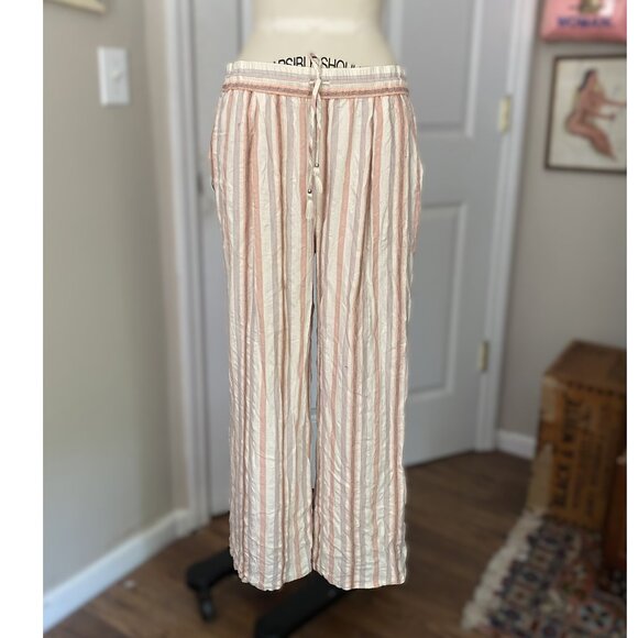 PAIGE Soft STRIPED Drawstring Palazzo Lounge Pants linen feel *LARGE* - Picture 1 of 8